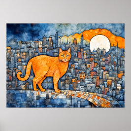 Oranje kat in Urban Sunset Waterverf Poster