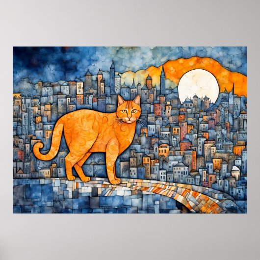 Oranje kat in Urban Sunset Waterverf Poster (Voorkant)