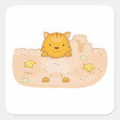 Oranje kat in zandkasteel strand scene vierkante sticker (Voorkant)
