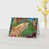 Oranje Kat Kerst Kaart (Gele Bloem)