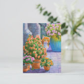 Oranje Kat met de Potten van de Bloem Briefkaart (Staand voorkant)