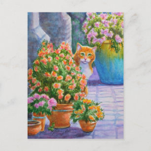 Oranje Kat met de Potten van de Bloem Briefkaart