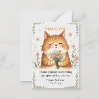 Oranje Kat met een Boeket Bloemen Dank Je Notitiekaartje