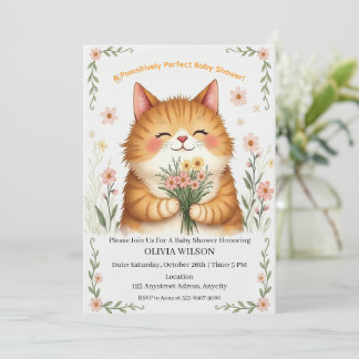 Oranje Kat met een Boeket Bloemen Kaart