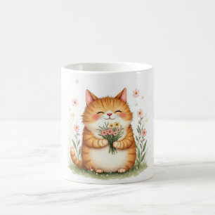 Oranje Kat met een Boeket Bloemen Koffiemok