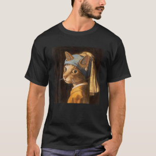 Oranje kat met een parel earring grappig kunst sch t-shirt
