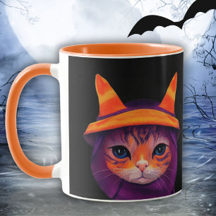 Oranje Kat met Heksenhoed Halloween Zwart Mok