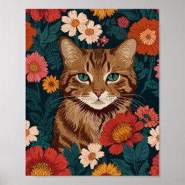 Oranje kat met kleurrijke wilde bloemen poster