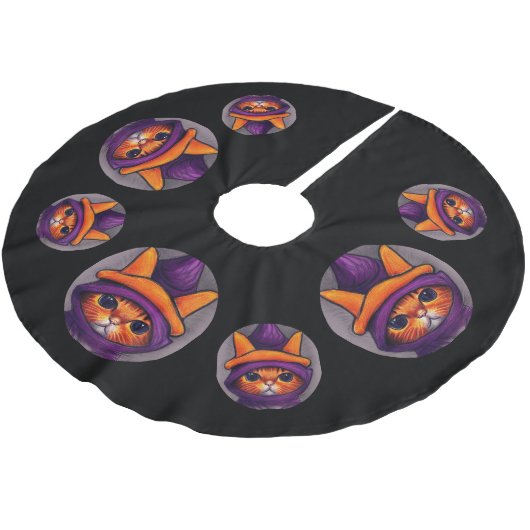 Oranje kat met Paarse heks Pet Halloween Black Kerstboom Rok (Gekanteld)