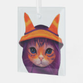 Oranje kat met Paarse heks Pet Halloween Glas Ornament (Voorkant links)
