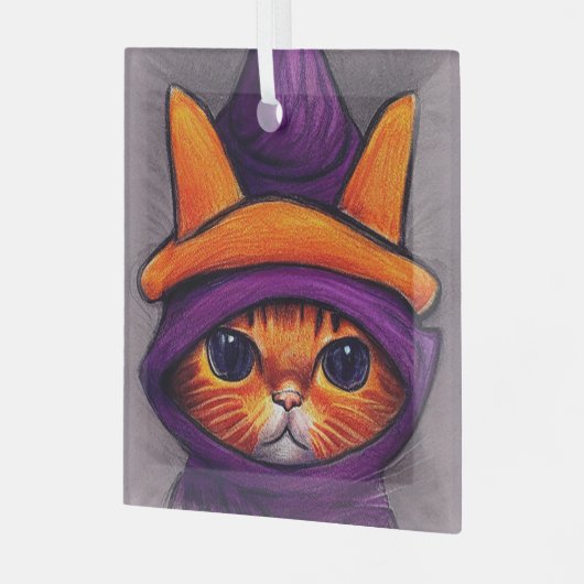 Oranje kat met Paarse heks Pet Halloween Glas Ornament (Voorkant links)