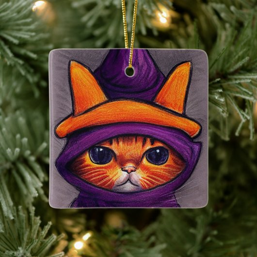 Oranje kat met Paarse heks Pet Halloween Keramisch Ornament (Boom)