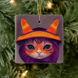 Oranje kat met Paarse heks Pet Halloween Keramisch Ornament