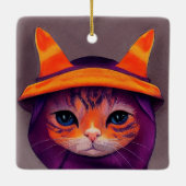 Oranje kat met Paarse heks Pet Halloween Keramisch Ornament (Achterkant)