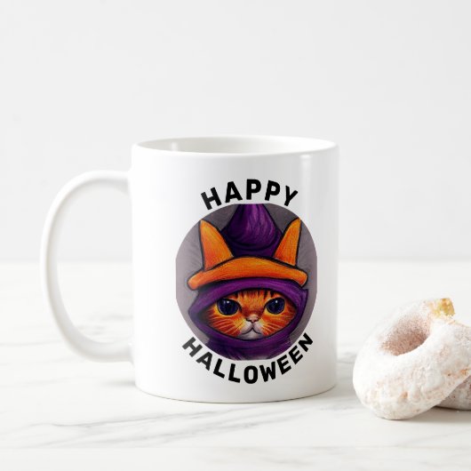 Oranje kat met Paarse heks Pet Halloween Koffiemok (Met donut)