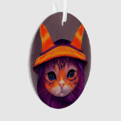 Oranje kat met Paarse heks Pet Halloween Ornament (voorkant)
