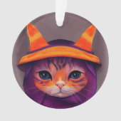 Oranje kat met Paarse heks Pet Halloween Ornament (voorkant)