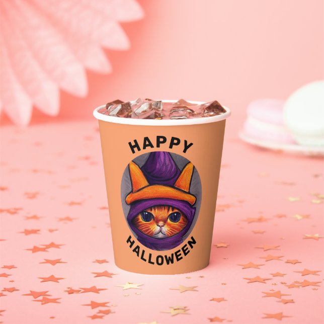 Oranje kat met Paarse heks Pet Halloween Party Papieren Bekers (Insitu)