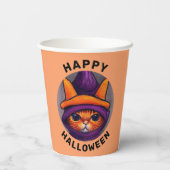 Oranje kat met Paarse heks Pet Halloween Party Papieren Bekers (Achterkant)