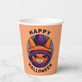 Oranje kat met Paarse heks Pet Halloween Party Papieren Bekers (Voorkant)