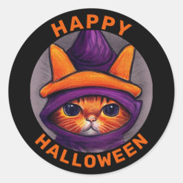 Oranje kat met Paarse heks Pet Halloween Ronde Sticker