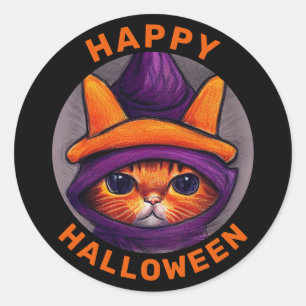 Oranje kat met Paarse heks Pet Halloween Ronde Sticker