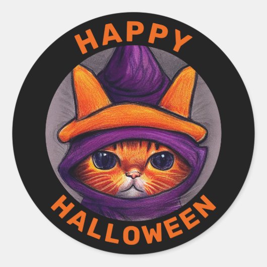 Oranje kat met Paarse heks Pet Halloween Ronde Sticker (Voorkant)