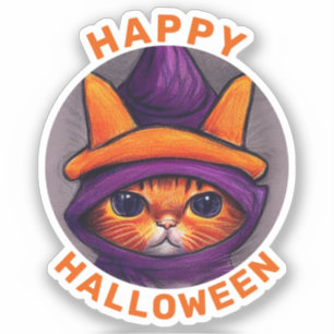 Oranje kat met Paarse heks Pet Halloween Sticker