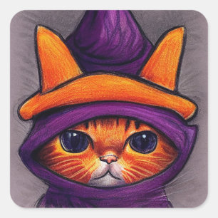 Oranje kat met Paarse heks Pet Halloween Vierkante Sticker