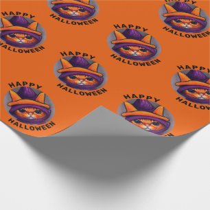 Oranje kat met Paarse heks Pet Happy Halloween Cadeaupapier
