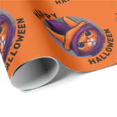 Oranje kat met Paarse heks Pet Happy Halloween Cadeaupapier (Rol Hoek)