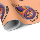 Oranje kat met Paarse heks Pet Happy Halloween Cadeaupapier (Rol Hoek)