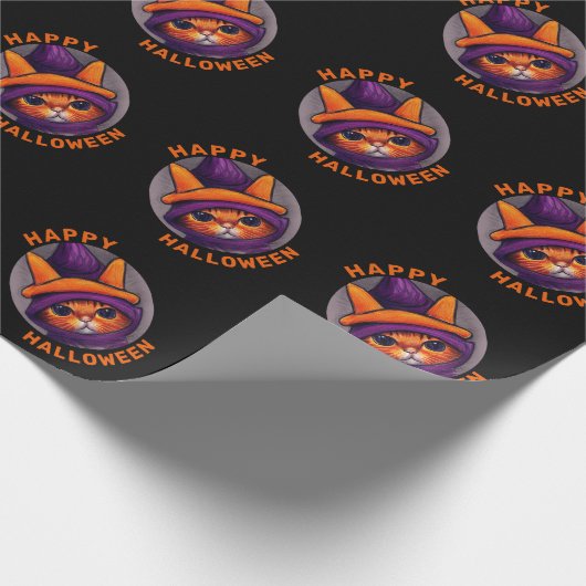 Oranje kat met Paarse heks Pet Happy Halloween Cadeaupapier (Hoek)