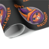 Oranje kat met Paarse heks Pet Happy Halloween Cadeaupapier (Rol Hoek)