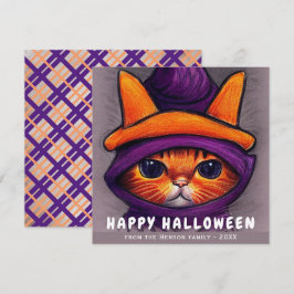 Oranje kat met Paarse heks Pet Happy Halloween Feestdagenkaart
