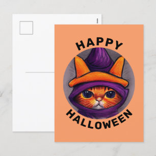 Oranje kat met Paarse heks Pet Happy Halloween Feestdagenkaart