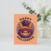 Oranje kat met Paarse heks Pet Happy Halloween Feestdagenkaart (Staand voorkant)