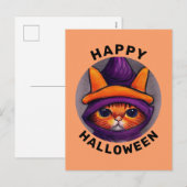 Oranje kat met Paarse heks Pet Happy Halloween Feestdagenkaart (Voorkant / Achterkant)
