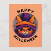 Oranje kat met Paarse heks Pet Happy Halloween Feestdagenkaart (Voorkant)