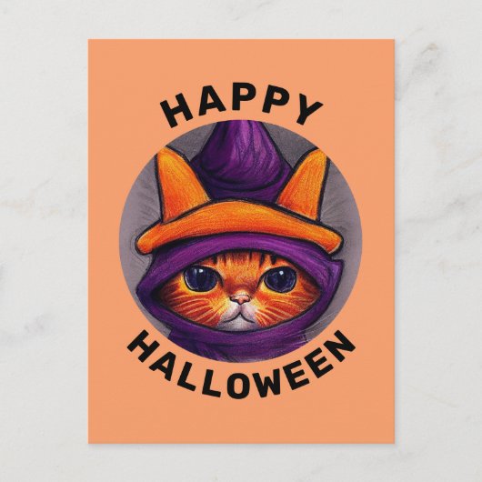 Oranje kat met Paarse heks Pet Happy Halloween Feestdagenkaart (Voorkant)