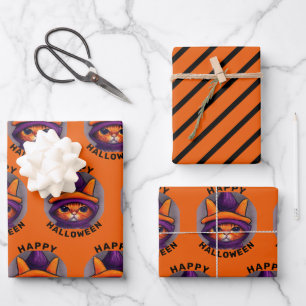 Oranje kat met Paarse heks Pet Happy Halloween Inpakpapier Vel