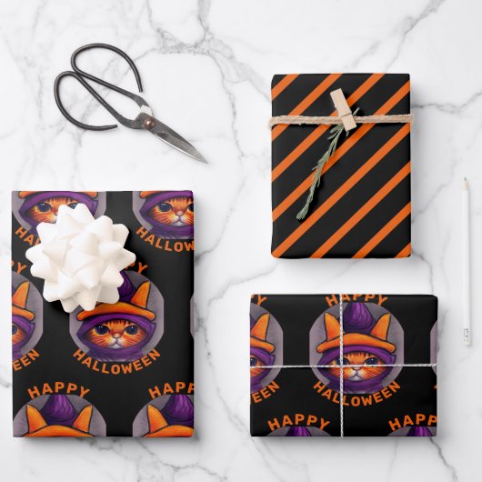 Oranje kat met Paarse heks Pet Happy Halloween Inpakpapier Vel (Voorkant)