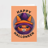 Oranje kat met Paarse heks Pet Happy Halloween Kaart (Voorkant)