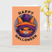 Oranje kat met Paarse heks Pet Happy Halloween Kaart (Gele Bloem)