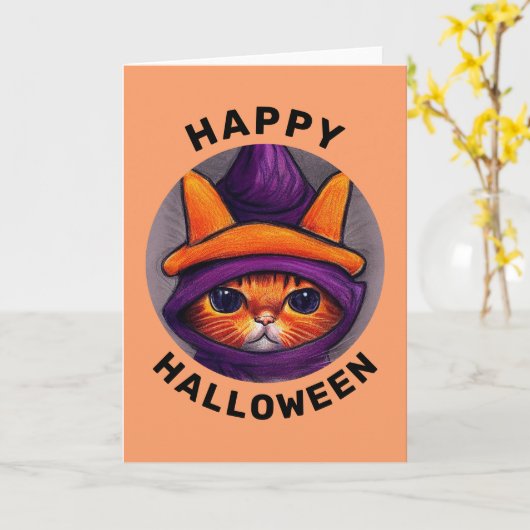 Oranje kat met Paarse heks Pet Happy Halloween Kaart (Gele Bloem)