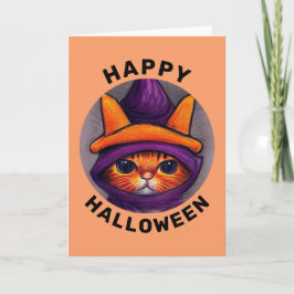 Oranje kat met Paarse heks Pet Happy Halloween Kaart