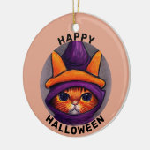 Oranje kat met Paarse heks Pet Happy Halloween Keramisch Ornament (Links)