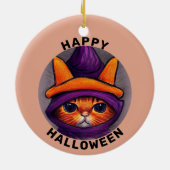 Oranje kat met Paarse heks Pet Happy Halloween Keramisch Ornament (Achterkant)