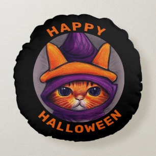 Oranje kat met Paarse heks Pet Happy Halloween Rond Kussen