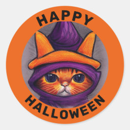 Oranje kat met Paarse heks Pet Happy Halloween Ronde Sticker